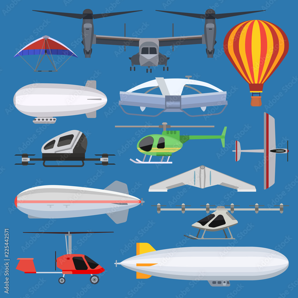 Obraz premium Aircraft vector drone jet and airship helicopter and airplane flight transportation in sky illustration aviation set of aeroplane quadrocopter and copter isolated on background