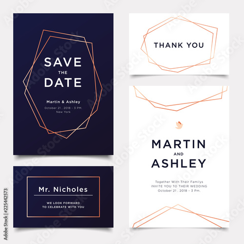 Wedding Invitation, art deco style invite thank you, rsvp modern card Design with navy blue and white gold geometrical polyhedron decorative Vector illustration luxury elegant template