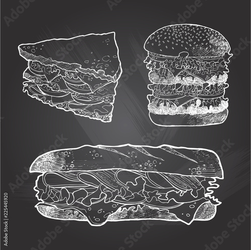 illustration of sandwich burger set. Hand drawn food picture. Fast food,junk food. Food vector  isolated on chalkboard background.Vector illustration in sketch style. Hand drawn design elements.