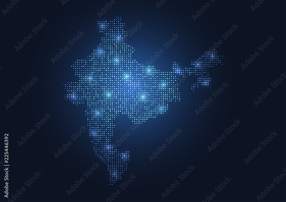 Abstract map of the India created from dots pixels art style. Technology and communication network map concept. Vector illustration