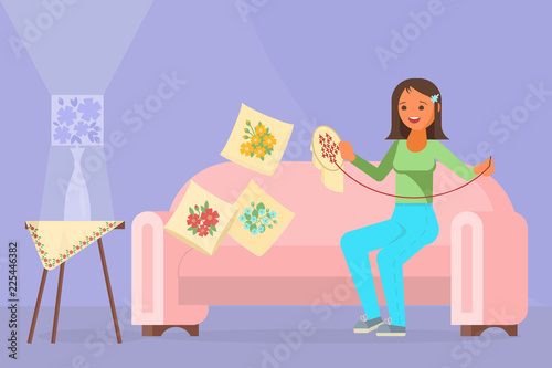 Young girl embroidering vector illustration in flat style