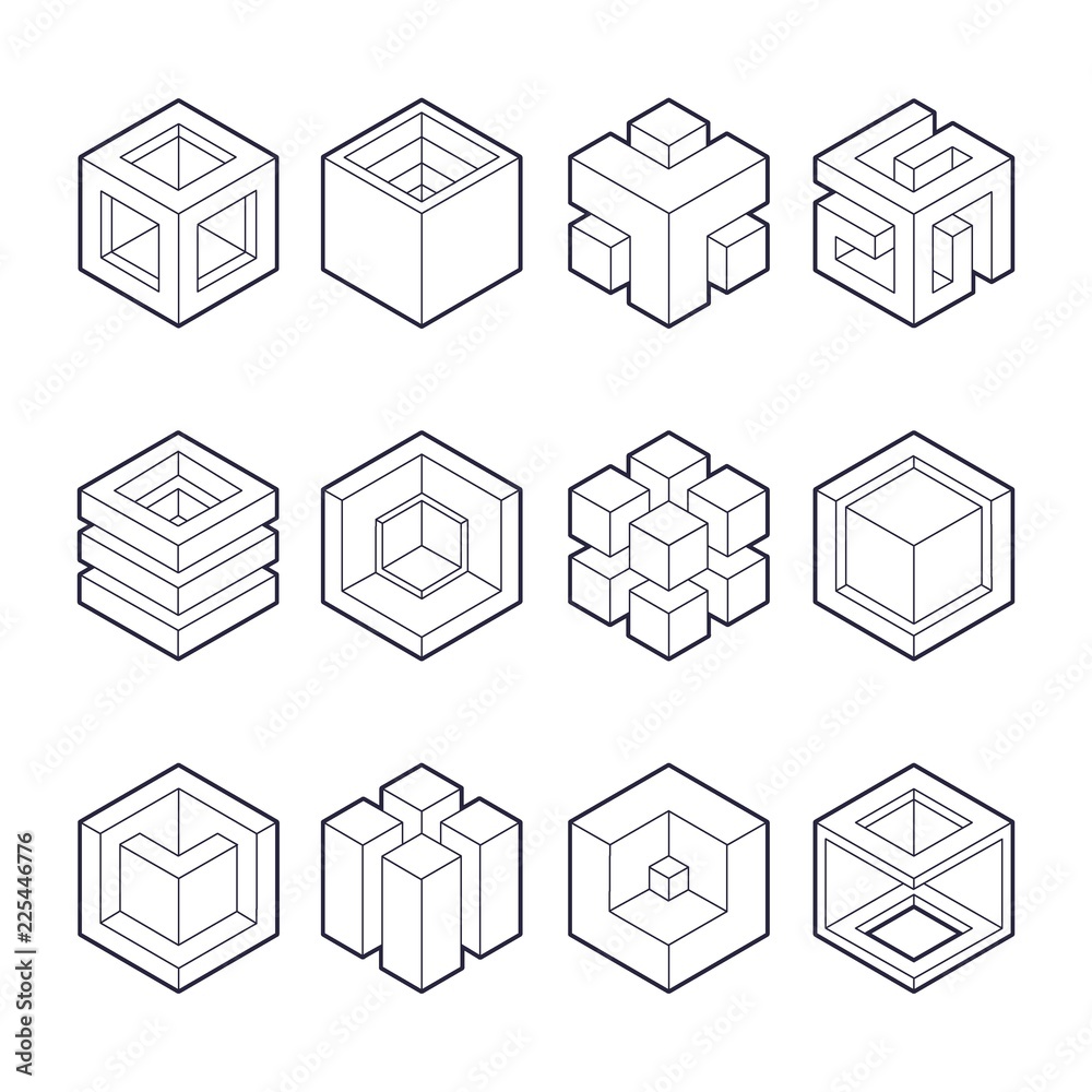 Vecteur Stock Abstract cubic collection. abstract 3d cubic design elements.  Sacred cubic set. Original outline vector (non expanded outline). | Adobe  Stock