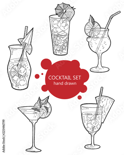 Hand drawn sketch ice alcoholic cocktails set with a slice of lemon and a umbrella and strawberry vintage . Vector for coctail menu on white paper background. Hand drawn design element. Drop of wine