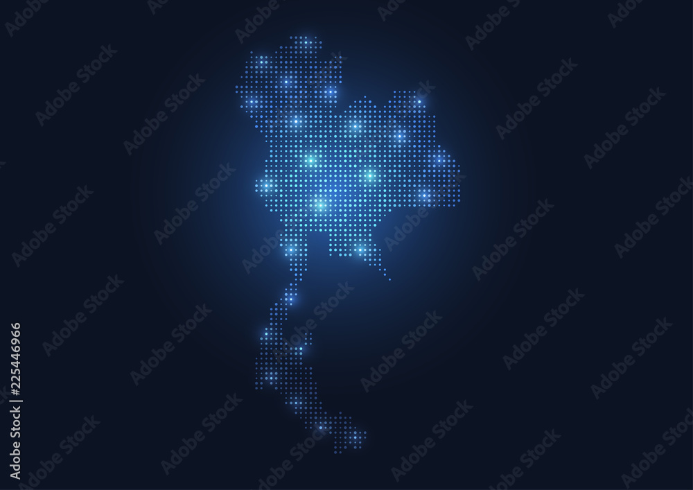Abstract map of the Thailand created from dots pixels art style. Technology and communication network map concept. Vector illustration