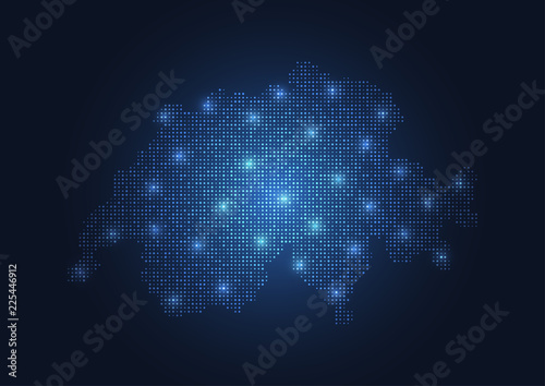 Abstract map of the Switzerland created from dots pixels art style. Technology and communication network map concept. Vector illustration