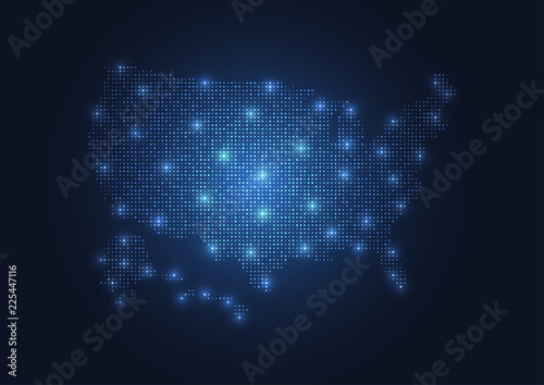 Abstract map of the United States created from dots. Technology and communication network map concept. Vector illustration