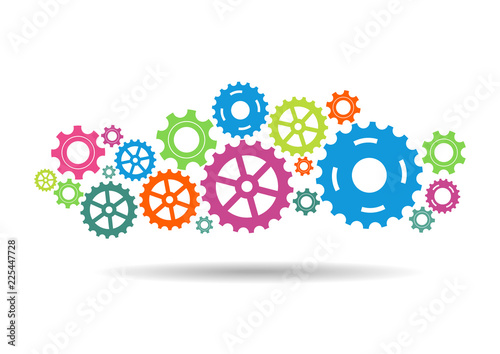Abstract gear wheel mechanism background. Machine cog technology. Teamwork concept. Vector illustration
