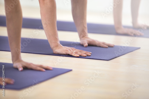 Group of young sporty people practicing yoga, doing Push ups or press ups exercise, phalankasana, Plank pose, working out, indoor, students training in club, studio, hand close up. Well-being concept © fizkes