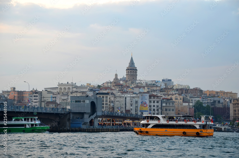 Istanbul, Turkey. View to Galata district and Galata bridge across the Bay of Golden Horn.
