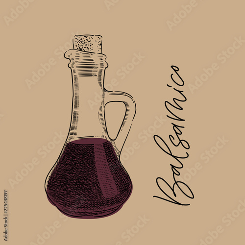 traditional Italian balsamic sauce bottle vintage engraving illustration with its name calligraphy on craft paper background