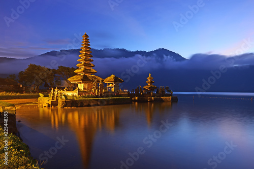 Sunrise over beautiful Pura Ulun Danu Bratan temple in Bali Indonesia