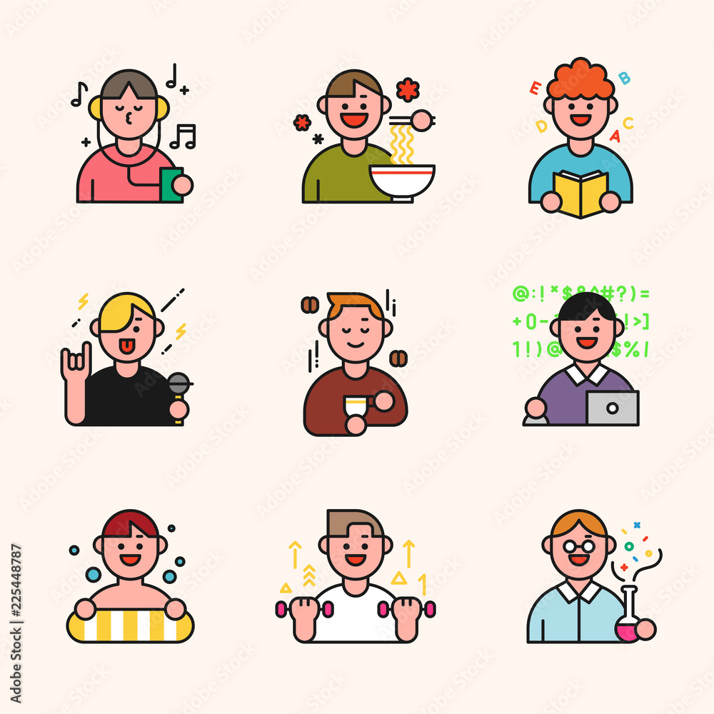 outline character icons set. flat design style vector graphic illustration
