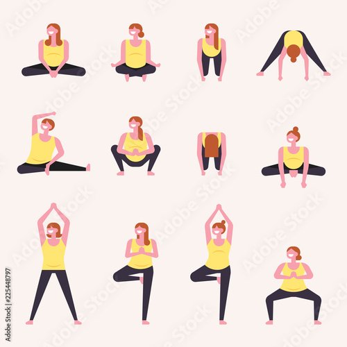 Various yoga movements of pregnant women. flat design style vector graphic illustration