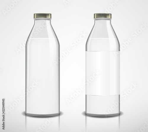 Set of glass bottles with milk isolated. Milk bottle in realistic style. Package mockup design ready for branding. vector illustration