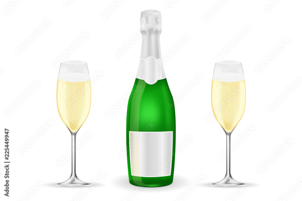 Bottle and two glasses of sparkling wine or champagne Bottle and two glasses of sparkling wine or champagne