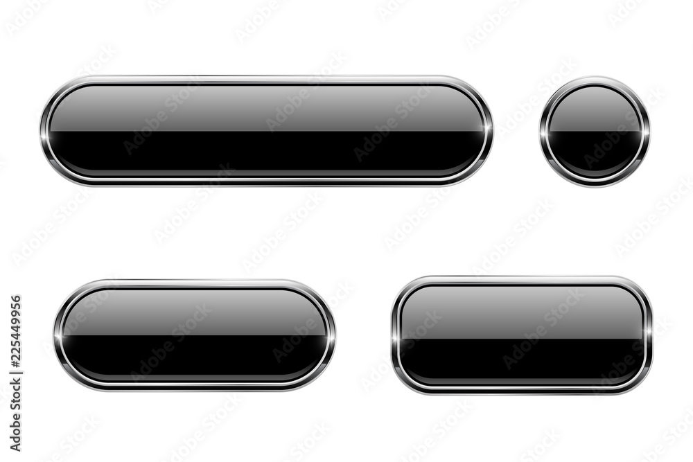 Black glass buttons with chrome frame. 3d icons Black glass buttons with chrome frame. 3d icons