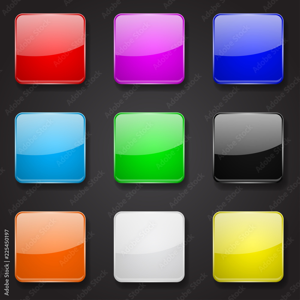 Colored glass 3d buttons. Square icons on black background Colored glass 3d buttons. Square icons on black background