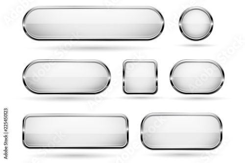 White glass buttons with chrome frame. 3d icons