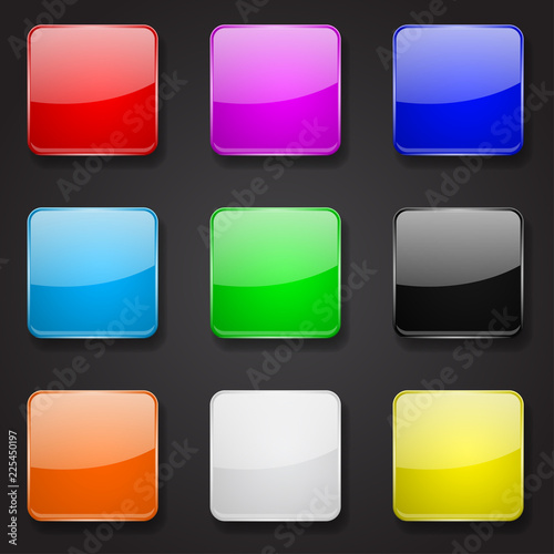 Colored glass 3d buttons. Square icons on black background
