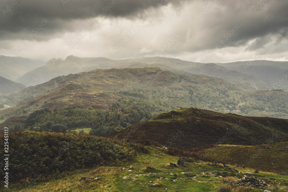 Landscape view from Loughrigg fell in the Lake District