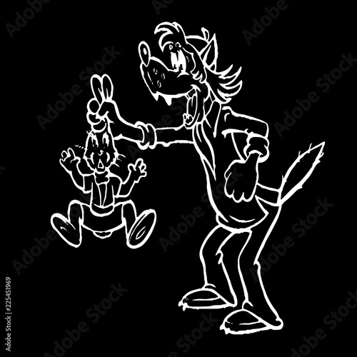Cartoon Character, Wolf caught a hare, white on a black background,