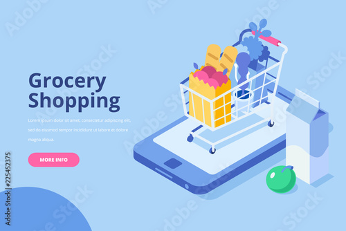 Online Grocery shopping concept. Isometric Shopping cart with  fresh food and drink.Order food, grocery online from app by smart phone. Flat isometric vector illustration.