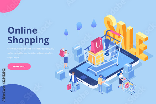 Online shopping isometric concept. People making online shopping. Isometric laptop. Flat  vector design isolated on white background.