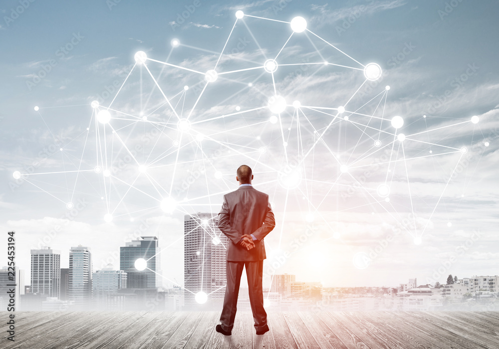 International business networking and social connection against modern city background International business networking and social connection against modern city background