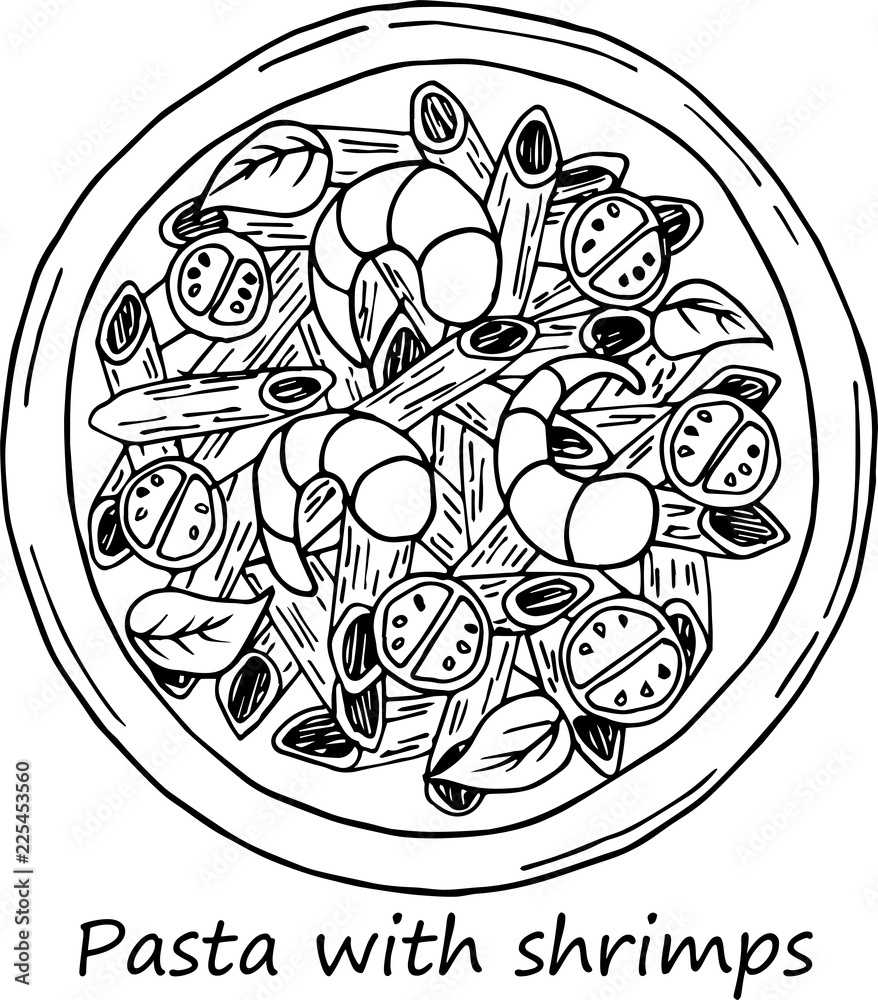 Hand drawn illustration of pasta in cartoon style. Perfect for menu, card, textile design Hand drawn illustration of pasta in cartoon style. Perfect for menu, card, textile design