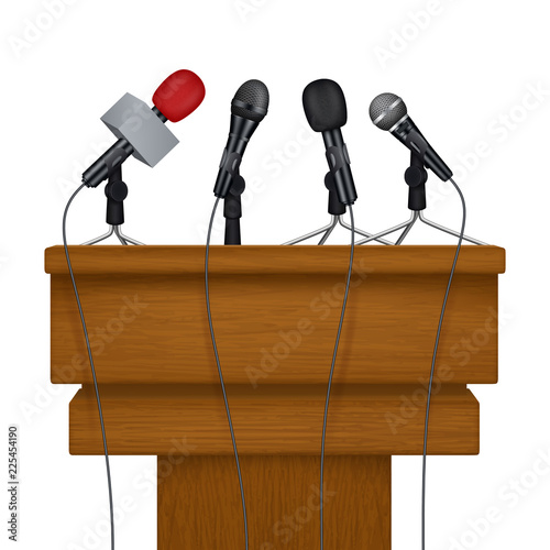 Press conference stage. Meeting news media microphones vector realistic pictures. Illustratin of stage conference press with microphone