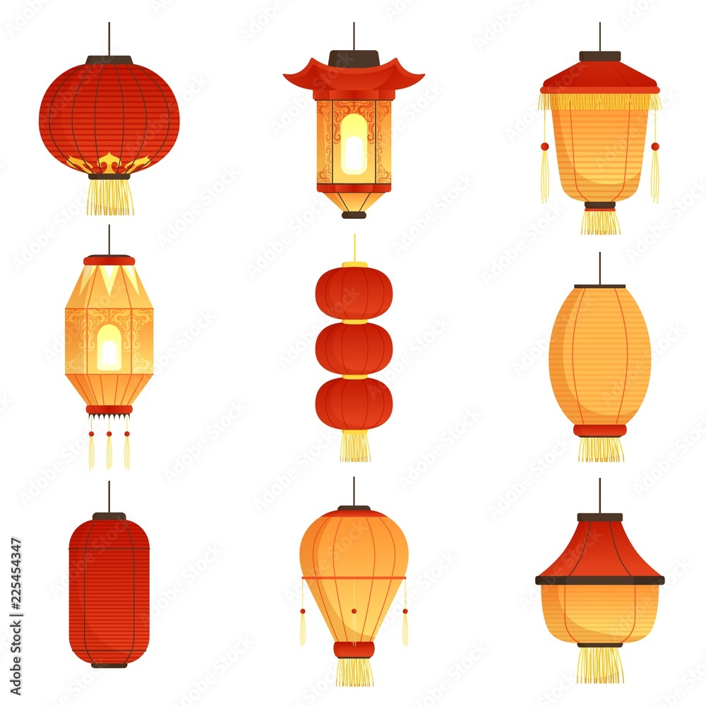 Asian cartoon lanterns. Chinese and chinatown festival papers lanterns  vector illustrations. Holiday chinese elements, china asian lamp paper  Stock Vector | Adobe Stock