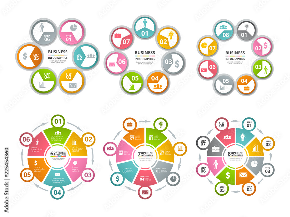 Circle shapes for infographics. Business radial charts. Vector radial diagram and chart step illustration Circle shapes for infographics. Business radial charts. Vector radial diagram and chart step illustration