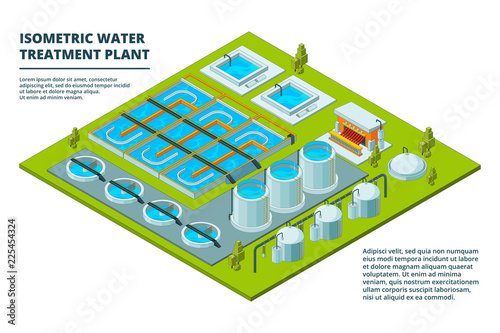 Water cleaning factory. Sewage treatment purification industry watering pipe systems and processes vector isometric pictures. Purity and storage purification, recycle industrial water illustration