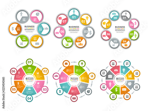 Circle shapes for infographics. Business radial charts. Vector radial diagram and chart step illustration