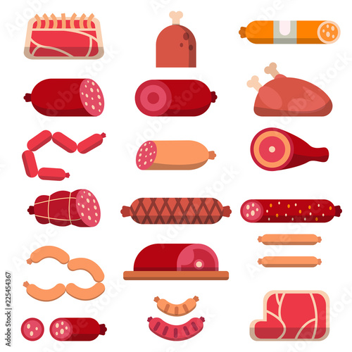Various products of butcher shop. Vector flat illustrations of meat. Butcher food, ham and sirloin