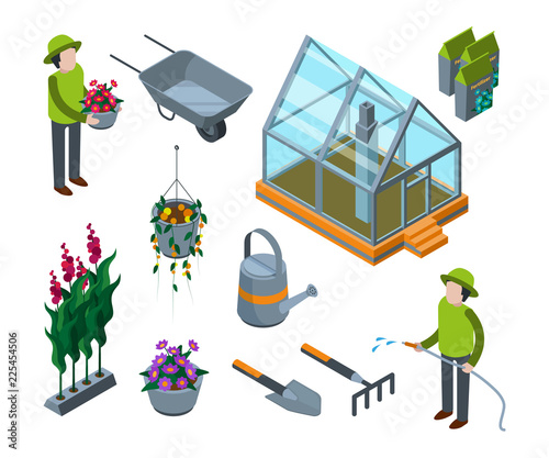 Greenhouse flowers. Agricultural concept 3d glass house with plants vegetables fruits trees nursery vector isometric illustrations. Greenhouse isometric, farming vegetable in glasshouse