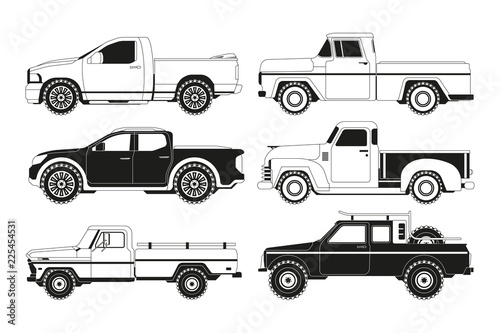 Pickup truck silhouettes. Black pictures of various automobiles. Transport pickup 4x4 collection, monochrome black, vector illustration photo