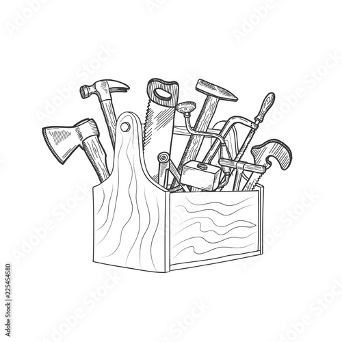 Vector hand drawn woodwork equipment in wooden toolbox isolated illustration. Toolbox with hammer and tool equipment