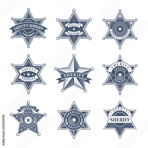 Security sheriff badges. Police shield and officers logo texas rangers vector symbols. Illustration of sheriff law, officer texas police, badge emblem photo