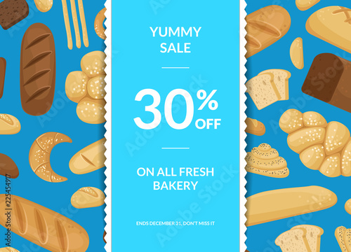 Vector cartoon bakery elements sale poster background with ribbons and shadows with place for text illustration. Bakery sale, food shop discount banner