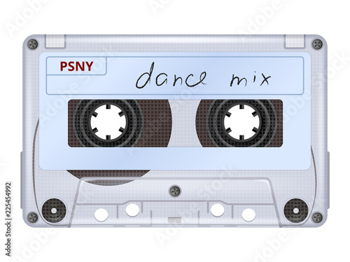 Audio cassette. Retro mixtape music dj equipment 70s 80s vintage technology vector realistic picture isolated. Audio music, retro cassette tape, vintage stereo record illustration