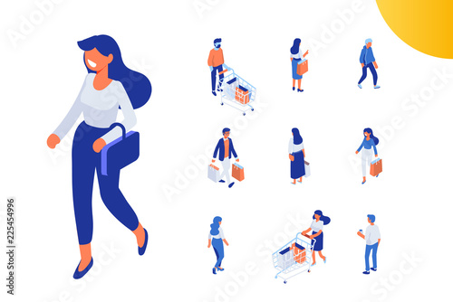 Isomeric shopping people vector set. Walking isometric girl. Women and men characters with shopping bags and shopping carts. Flat vector characters isolated on dark background.