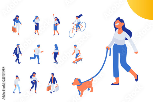 Flat isometric girl walking with dog. Isometric people vector set. Flat vector characters isolated on white background.