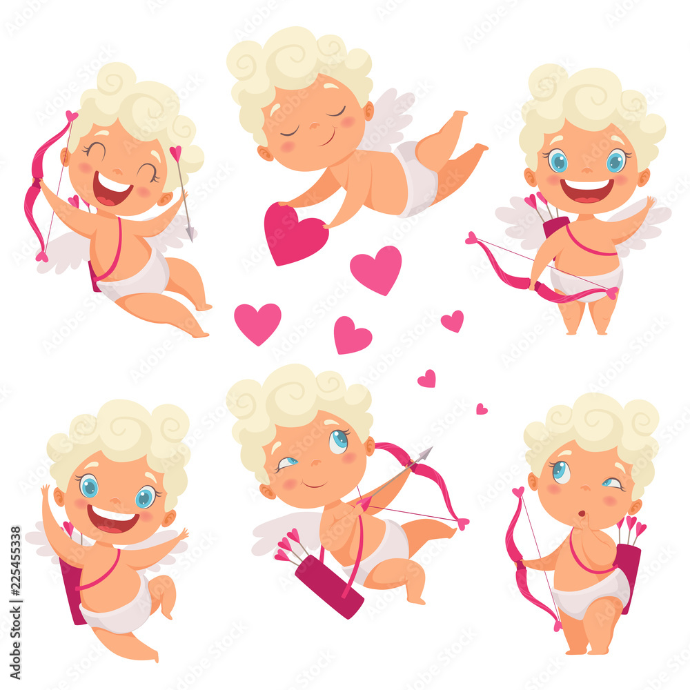 Amur baby angel. Cute funny cupid little god eros greece kids with bow heart hunters romantic vector pictures. Valentine angel with heart, cupid love amur illustration Amur baby angel. Cute funny cupid little god eros greece kids with bow heart hunters romantic vector pictures. Valentine angel with heart, cupid love amur illustration