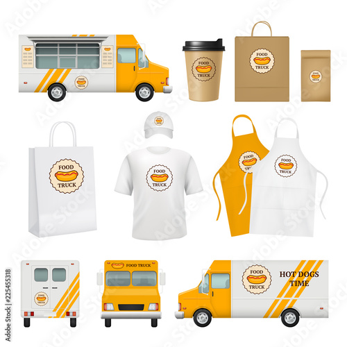 Food truck identity. Fast catering business tools for mobile restaurant delivery cards logos blank poster packages vector template. Illustration of branding logo for catering and food truck