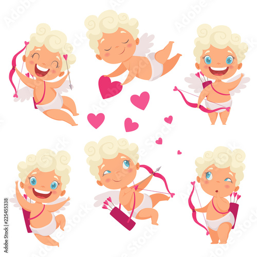 Amur baby angel. Cute funny cupid little god eros greece kids with bow heart hunters romantic vector pictures. Valentine angel with heart, cupid love amur illustration photo