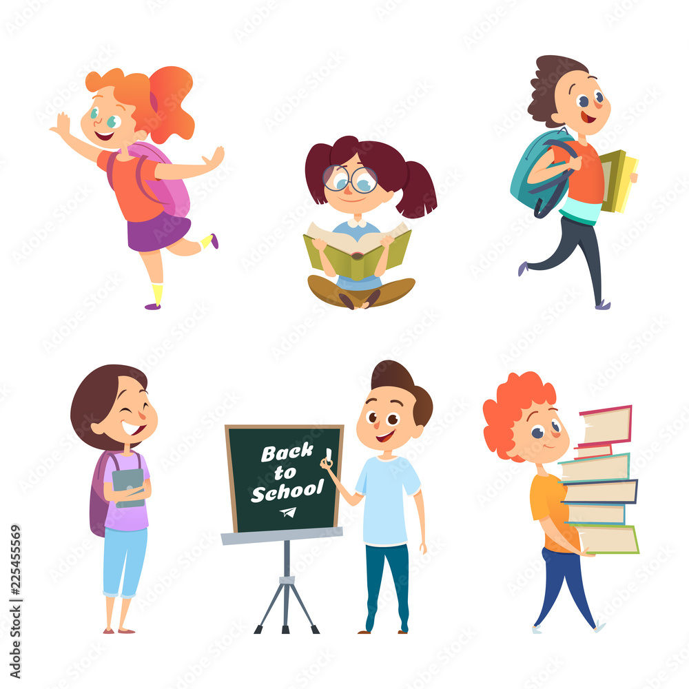 School childrens. Back to school characters. School education, girl and boy. Vector illustration