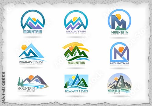 Mountain vector illustration of sun sets and the river flowing in the background.