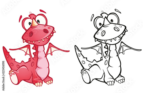 Illustration of a Cute Red Dragon. Cartoon Character. Outline Draving