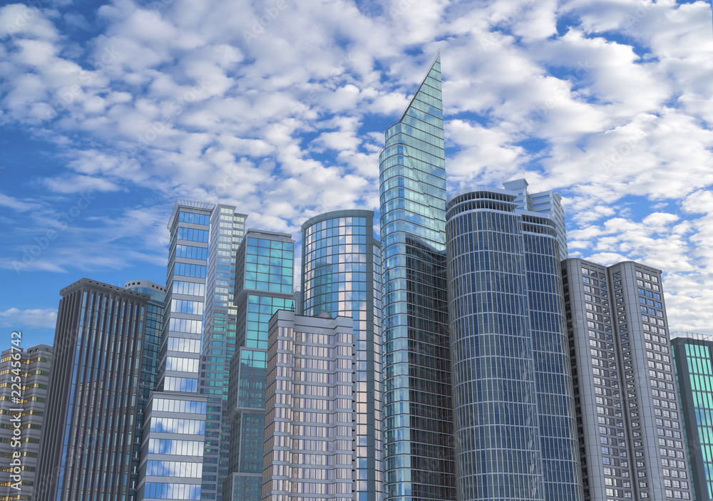 Skyscrapers in business district against cloudy sky Skyscrapers in business district against cloudy sky